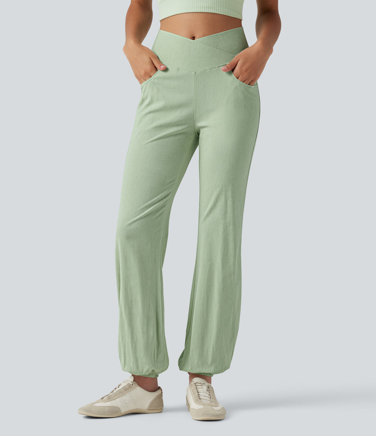 Crossover High-waisted Casual Stretch Linen Balloon Joggers with Pockets — Mist Meadow Green — view 2