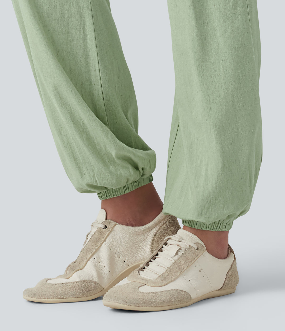 Crossover High-waisted Casual Stretch Linen Balloon Joggers with Pockets — Mist Meadow Green — view 5