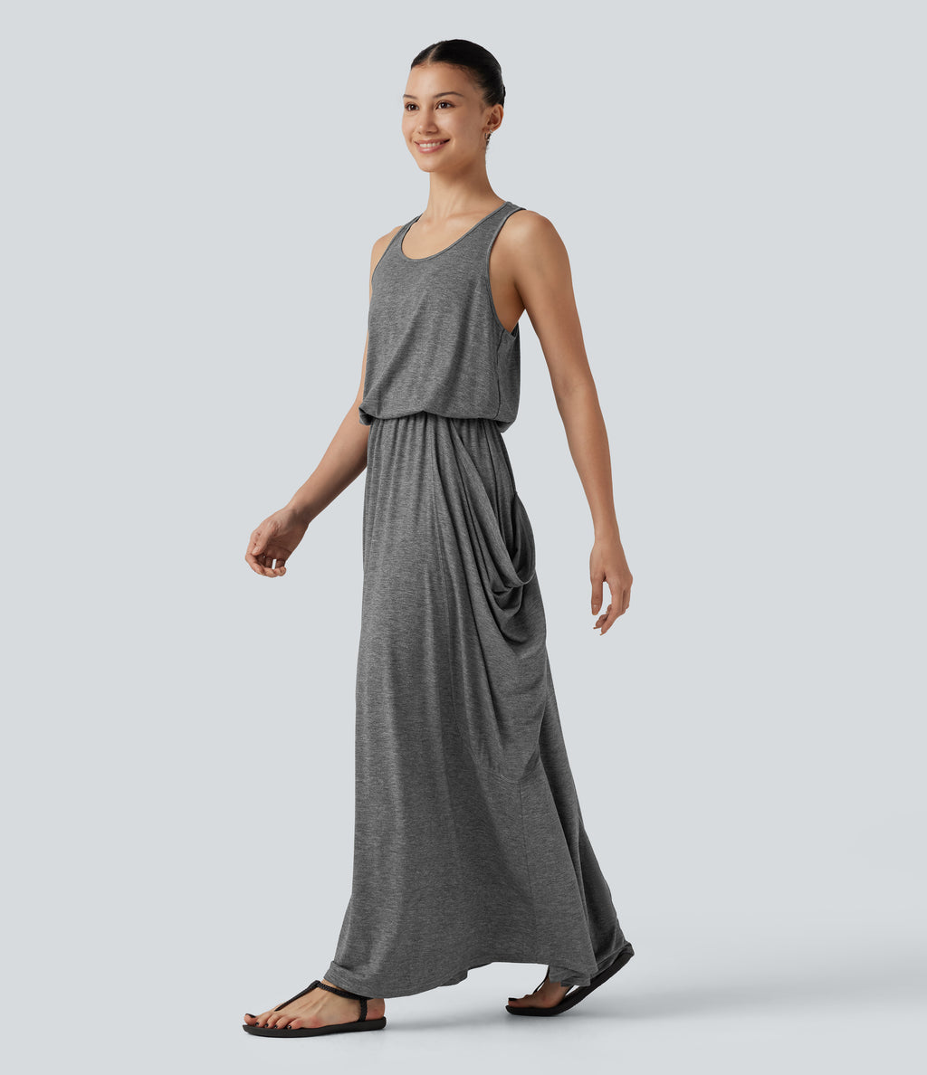 Sleeveless Cut-Out Back Maxi Casual Draped Dress with Pockets — Darl Gray Floral Yarn — view 3