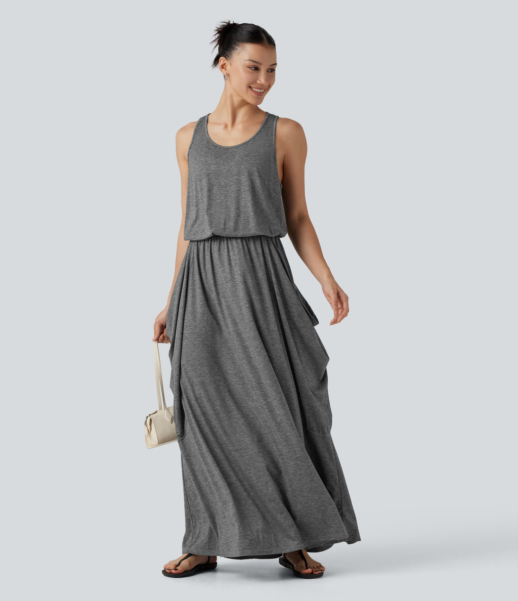 Sleeveless Cut-Out Back Maxi Casual Draped Dress with Pockets — Darl Gray Floral Yarn — view 8
