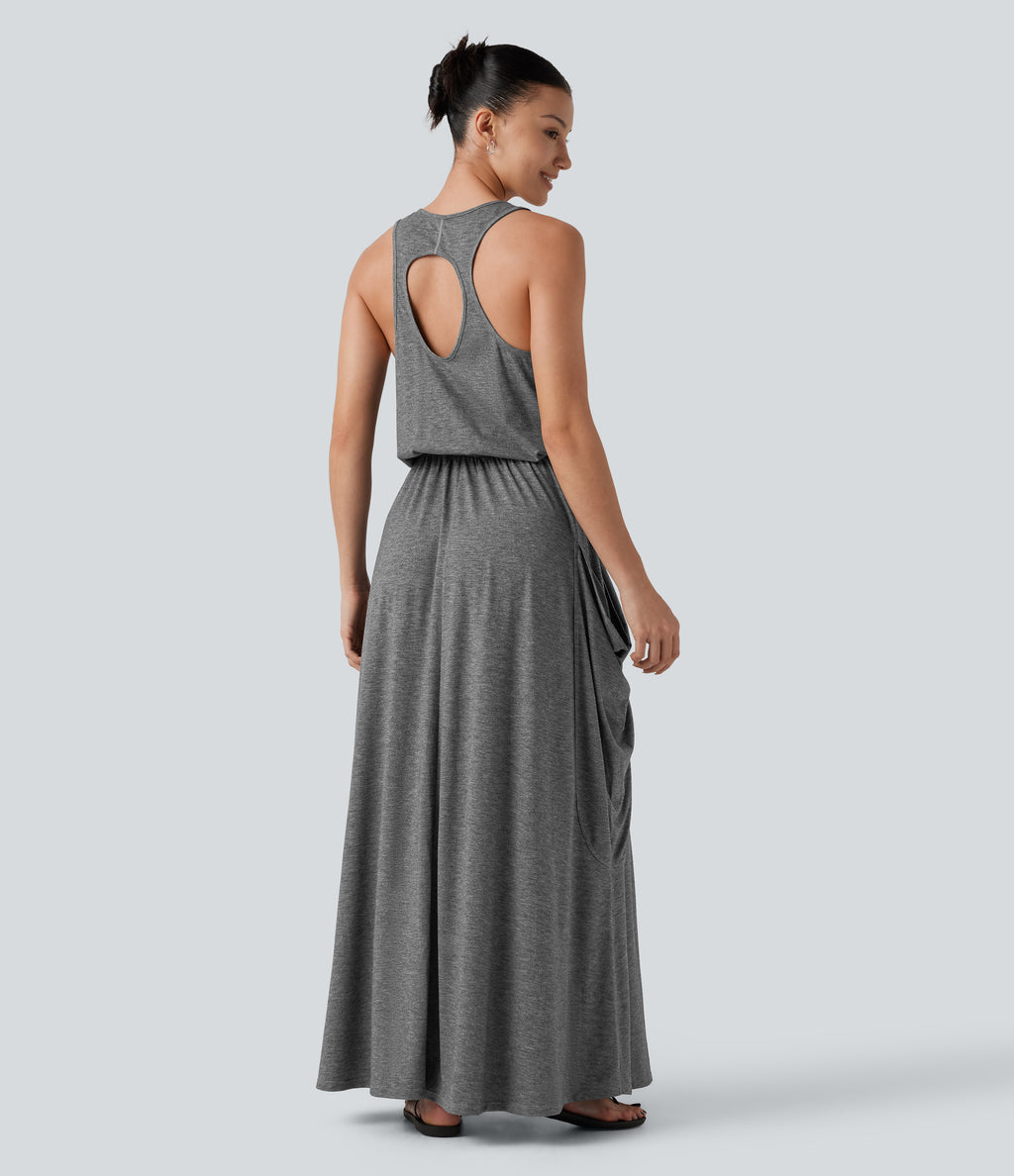Sleeveless Cut-Out Back Maxi Casual Draped Dress with Pockets — Darl Gray Floral Yarn — view 1