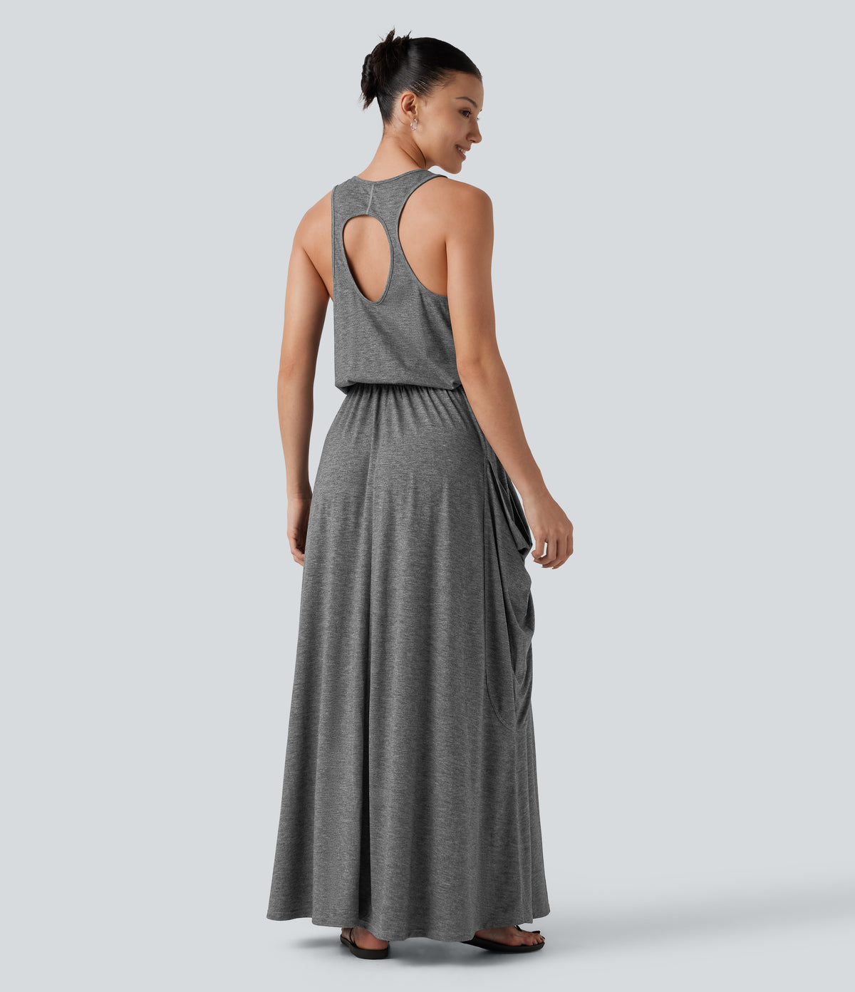 Sleeveless Cut-Out Back Maxi Casual Draped Dress with Pockets — Darl Gray Floral Yarn — view 1