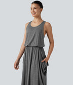Sleeveless Cut-Out Back Maxi Casual Draped Dress with Pockets — Darl Gray Floral Yarn — view 6