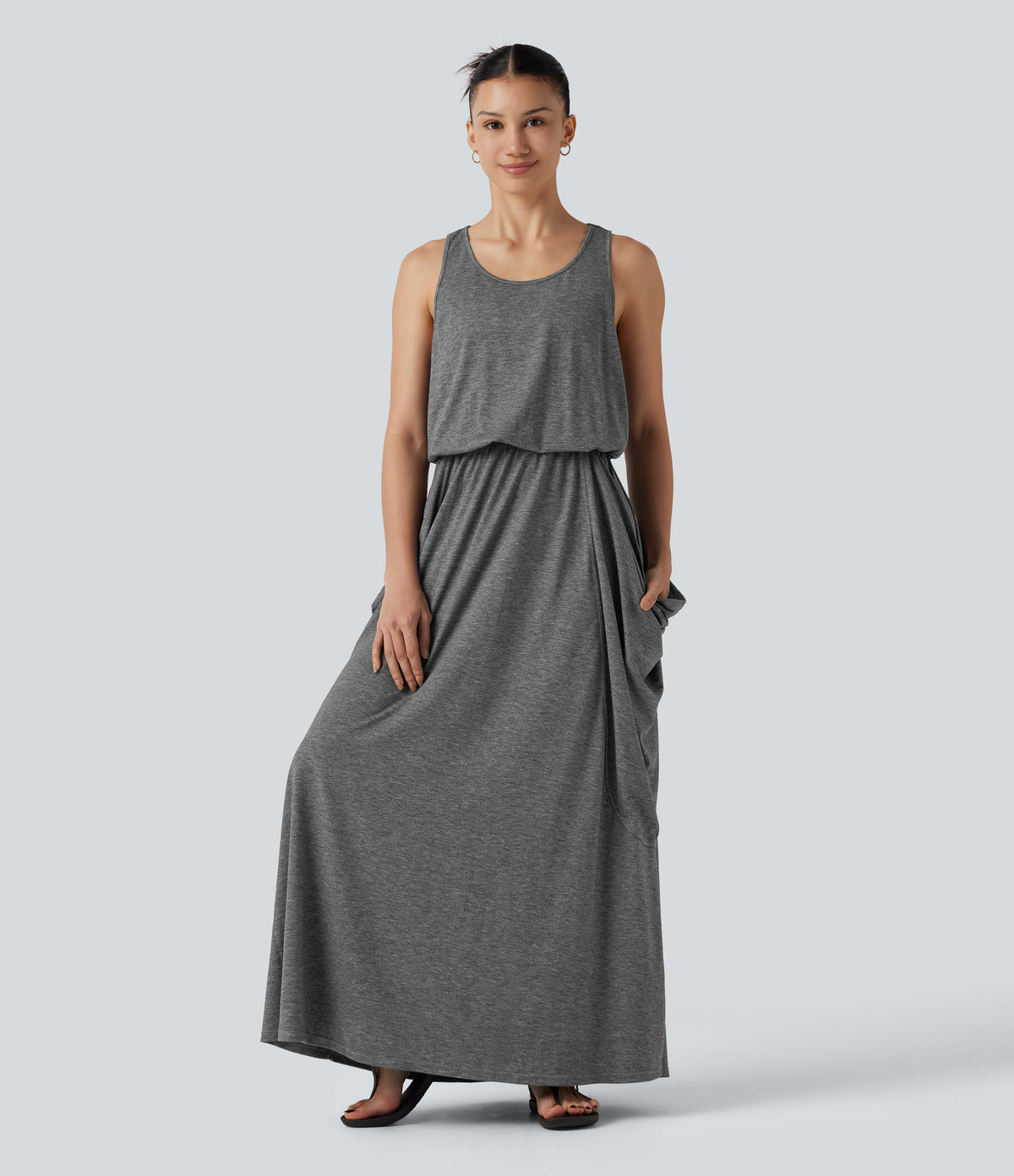 Sleeveless Cut-Out Back Maxi Casual Draped Dress with Pockets — Darl Gray Floral Yarn — view 2