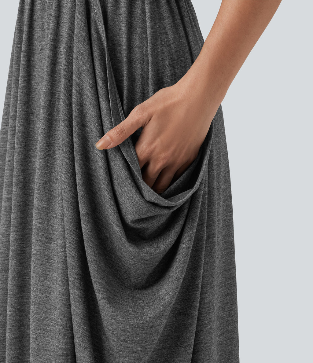 Sleeveless Cut-Out Back Maxi Casual Draped Dress with Pockets — Darl Gray Floral Yarn — view 5