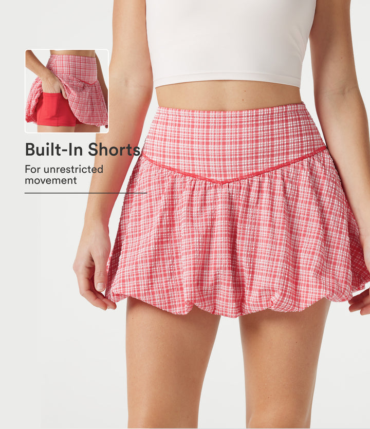High-waisted 2-in-1 Plaid Crinkle Quick Dry Mini Tennis Bubble Skirt with Pockets — Crimson Snow Weave Plaid — view 1