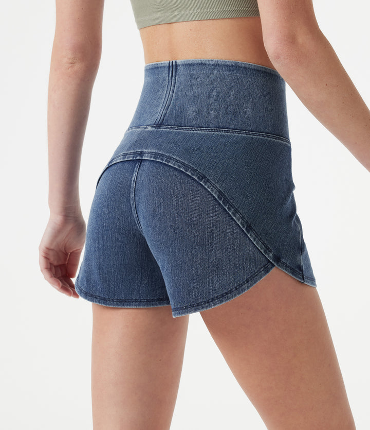 Denim High-waisted Curved Hem Skinny Casual Shorts with Pockets — Tide Blue Denim — view 1