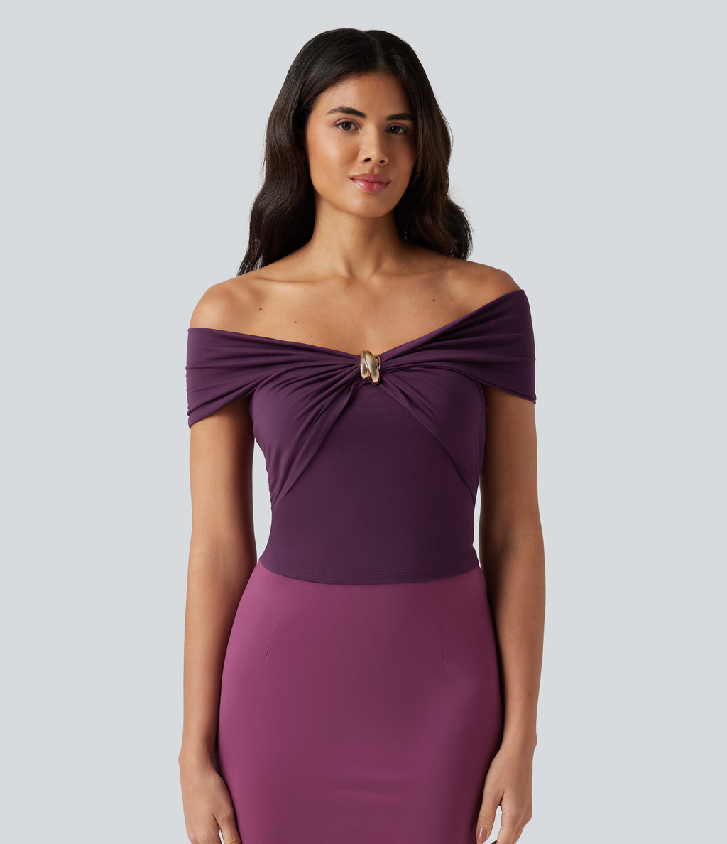 Off Shoulder Twisted Ruched Sleeveless Casual Top — Amaranth — view 4