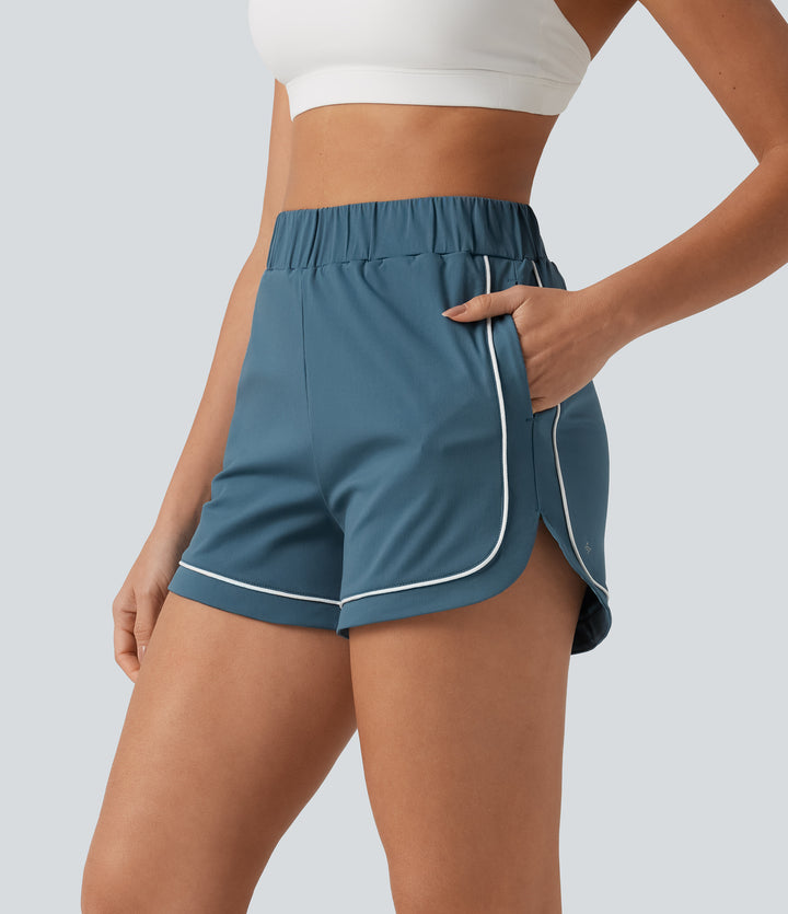 High Waisted Color Block Side Stripe Baggy Yoga Shorts 3'' with Pockets — Abyss Blue — view 1