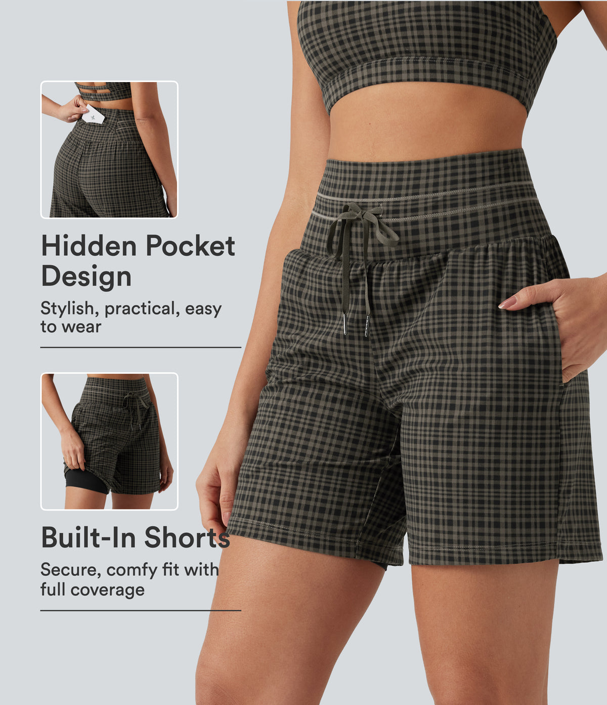 Plaid Ultra High-Waist Drawstring 2-in-1 Yoga Shorts 7" with Pockets — Sandstone Check Plaid — view 1