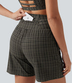 Plaid Ultra High-Waist Drawstring 2-in-1 Yoga Shorts 7" with Pockets — Sandstone Check Plaid — view 5