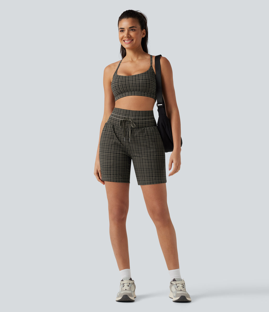 Plaid Ultra High-Waist Drawstring 2-in-1 Yoga Shorts 7" with Pockets — Sandstone Check Plaid — view 8