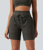 Plaid Ultra High-Waist Drawstring 2-in-1 Yoga Shorts 7" with Pockets — Sandstone Check Plaid — view 3