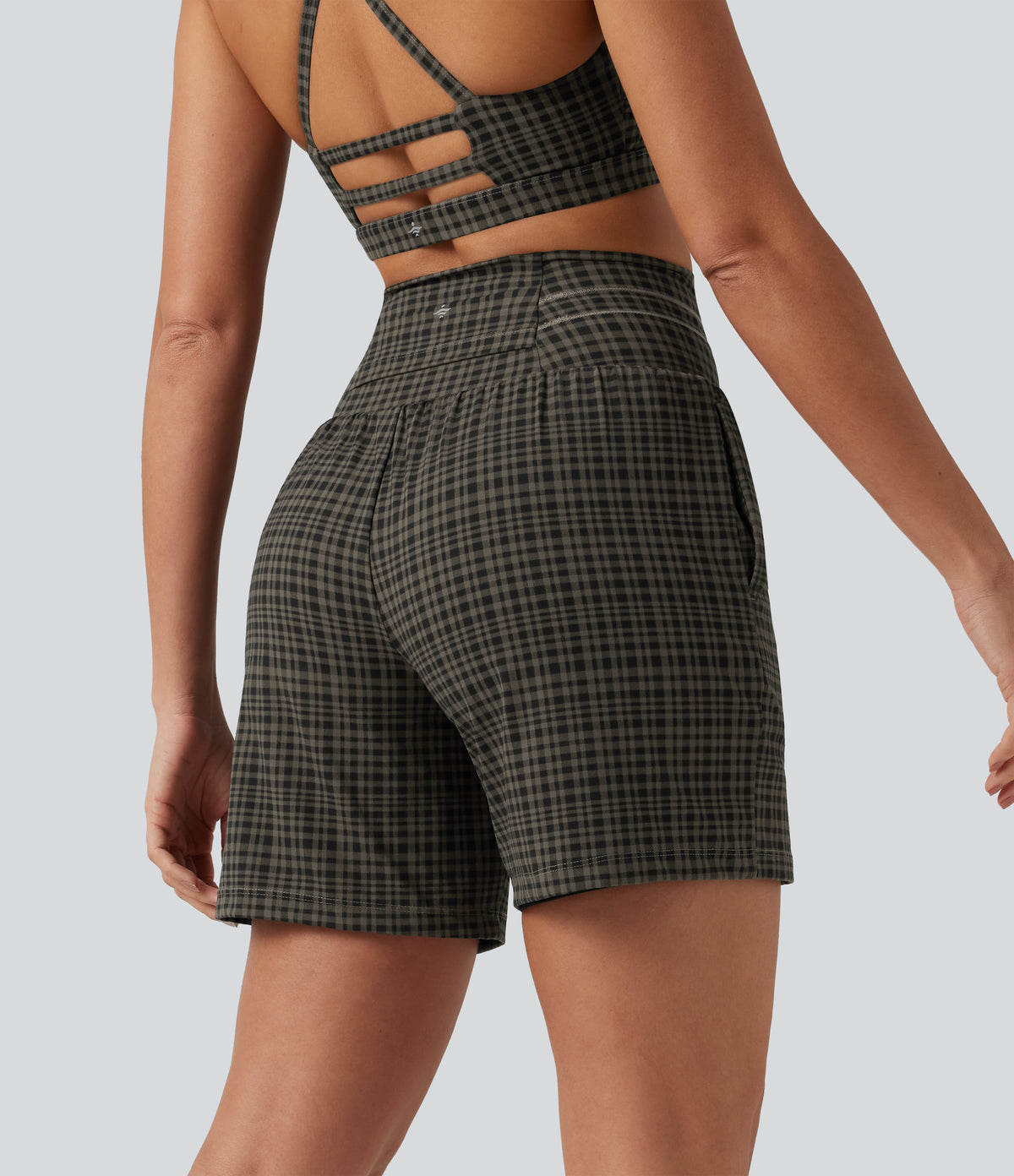 Plaid Ultra High-Waist Drawstring 2-in-1 Yoga Shorts 7" with Pockets — Sandstone Check Plaid — view 2