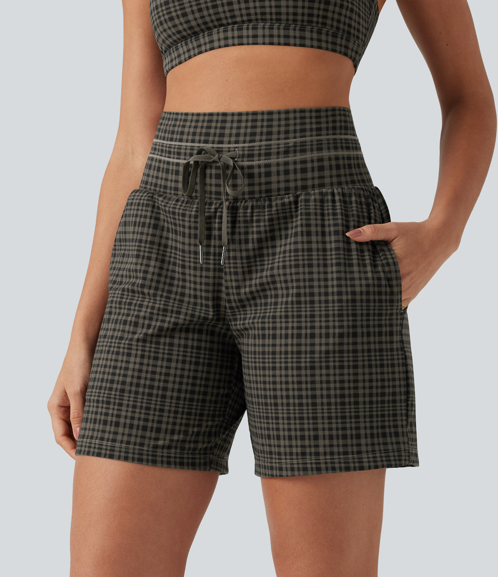 Plaid Ultra High-Waist Drawstring 2-in-1 Yoga Shorts 7" with Pockets — Sandstone Check Plaid — view 4