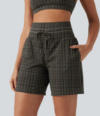Plaid Ultra High-Waist Drawstring 2-in-1 Yoga Shorts 7" with Pockets — Sandstone Check Plaid — view 4