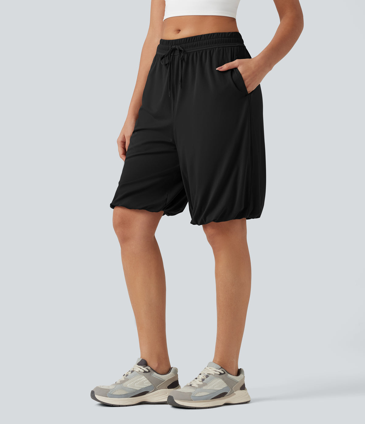 Low Rise Drawstring Dance Balloon Shorts with Pockets — Black — view 1
