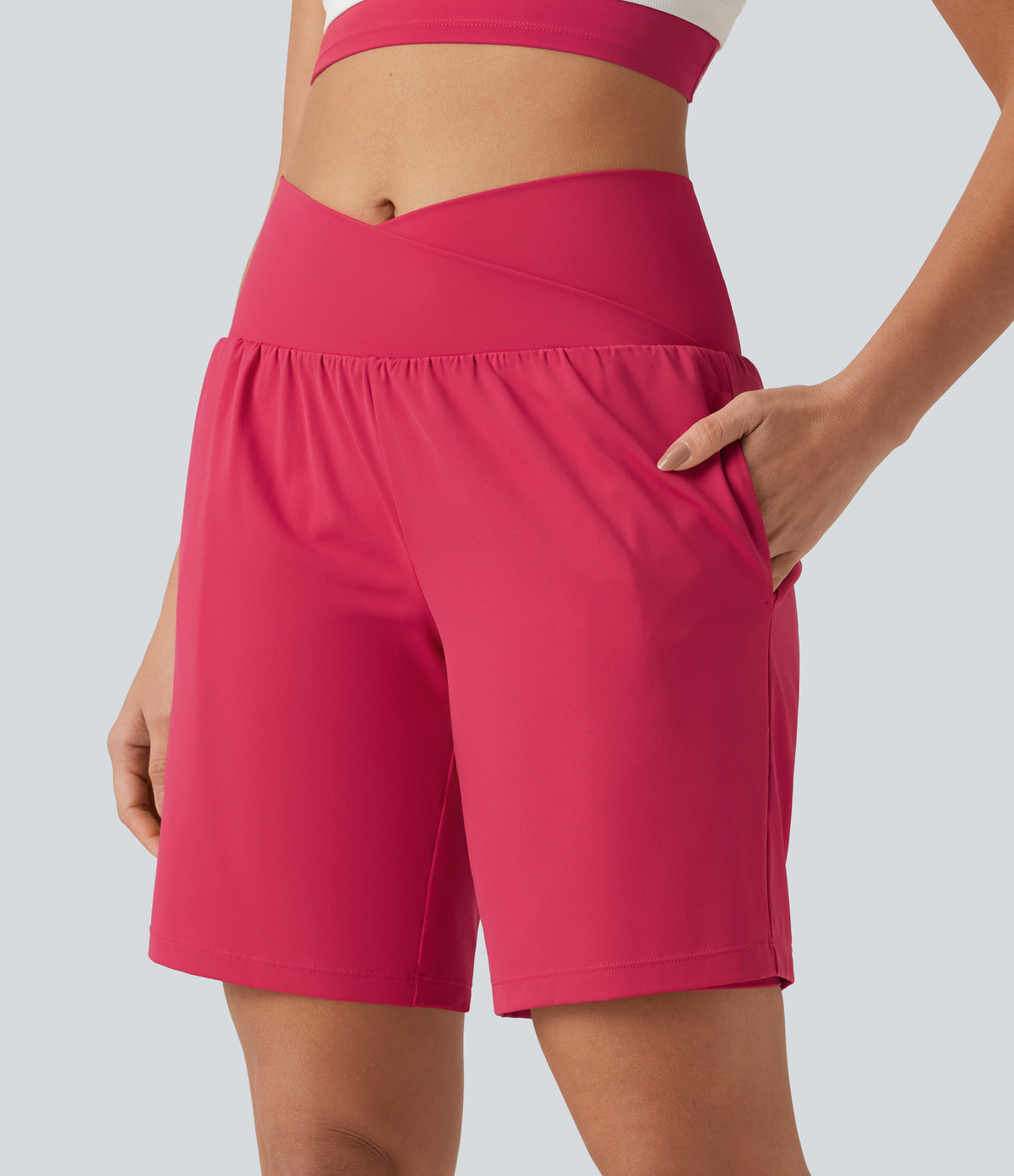Airy Crossover High Waisted 2-in-1 InstantCool Yoga Shorts 9'' with Pockets — Winterberry — view 6