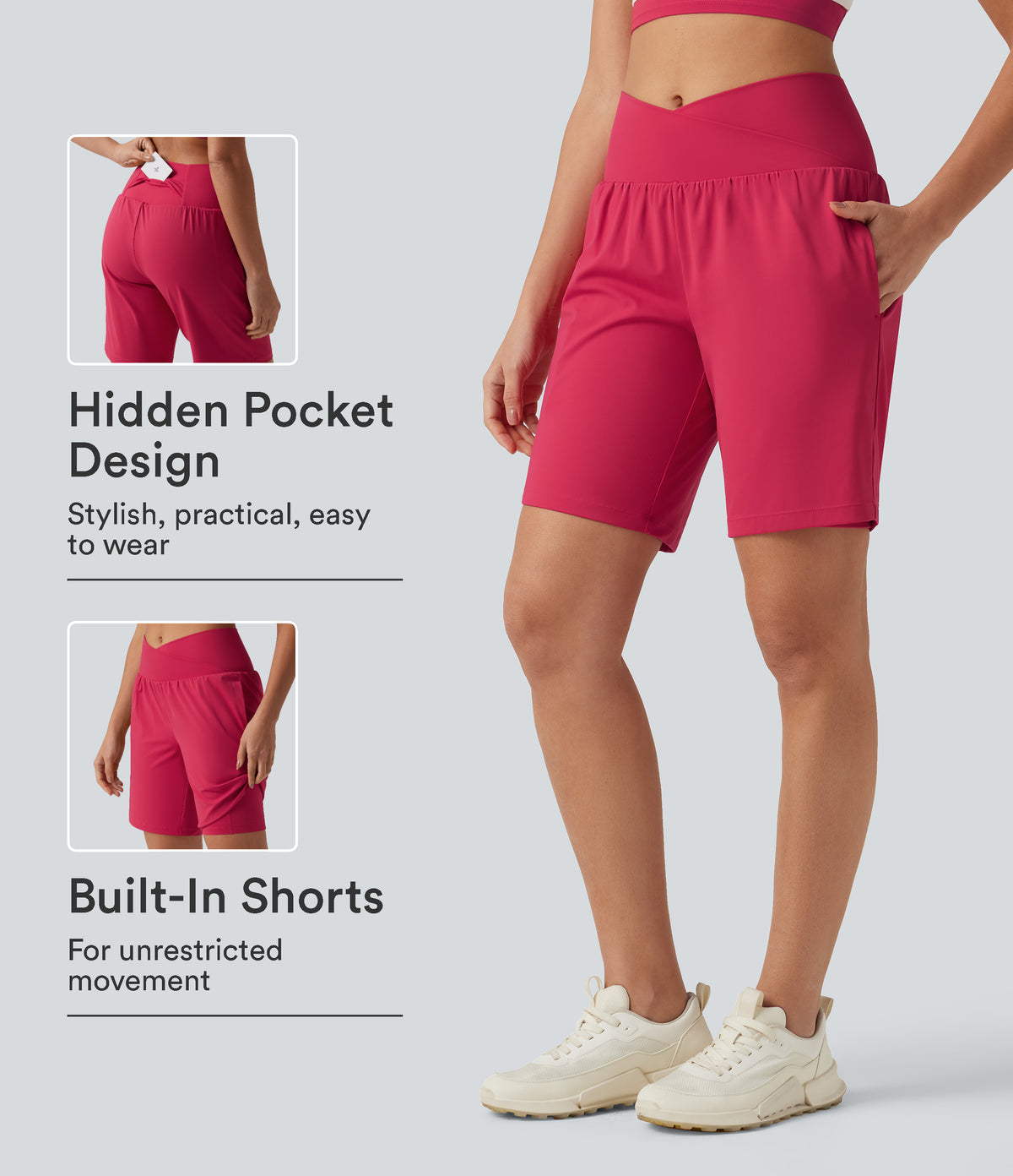 Airy Crossover High Waisted 2-in-1 InstantCool Yoga Shorts 9'' with Pockets — Winterberry — view 1