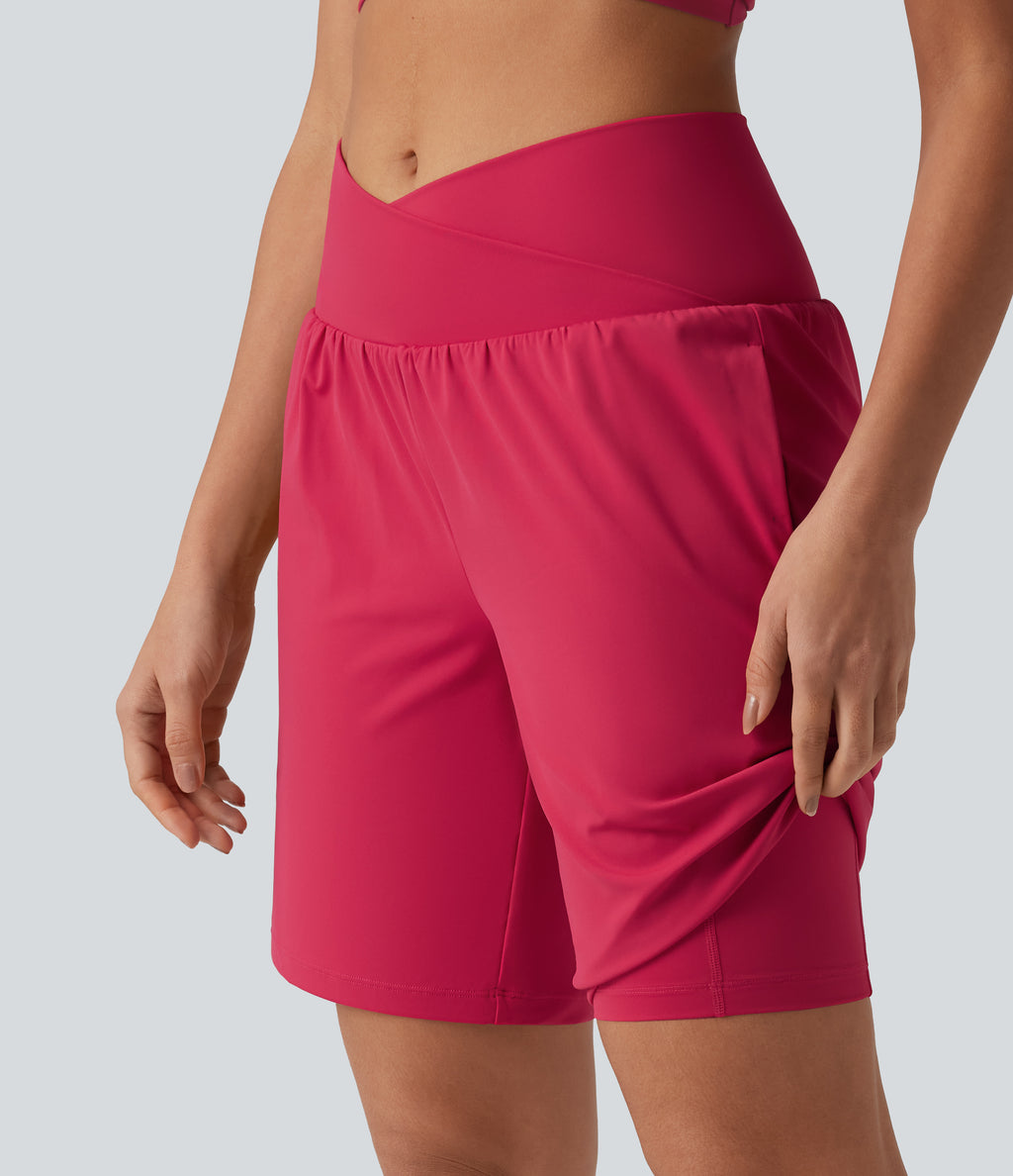 Airy Crossover High Waisted 2-in-1 InstantCool Yoga Shorts 9'' with Pockets — Winterberry — view 7