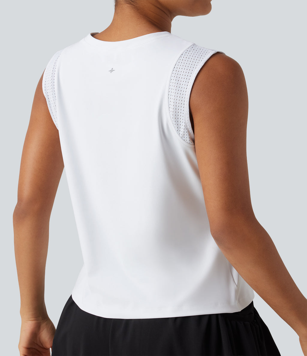 Airy Round Neck Contrast Breathable Mesh InstantCool Running Tank Top — White — view 6