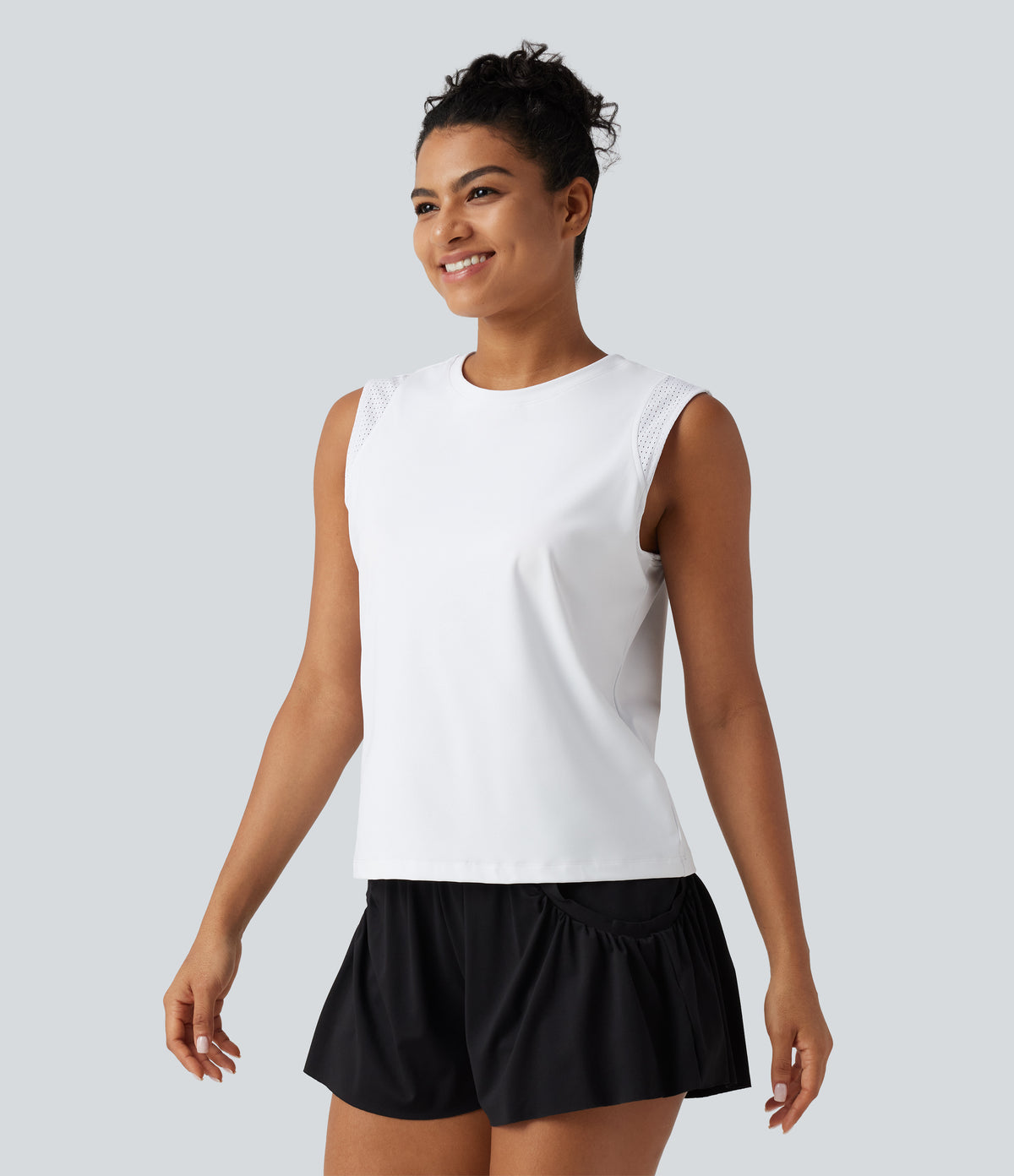 Airy Round Neck Contrast Breathable Mesh InstantCool Running Tank Top — White — view 3