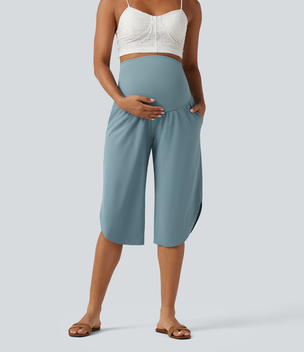 Super High Waisted Curved Hem Quick Dry Capri Maternity Trousers with Pockets — Stone Blue — view 3