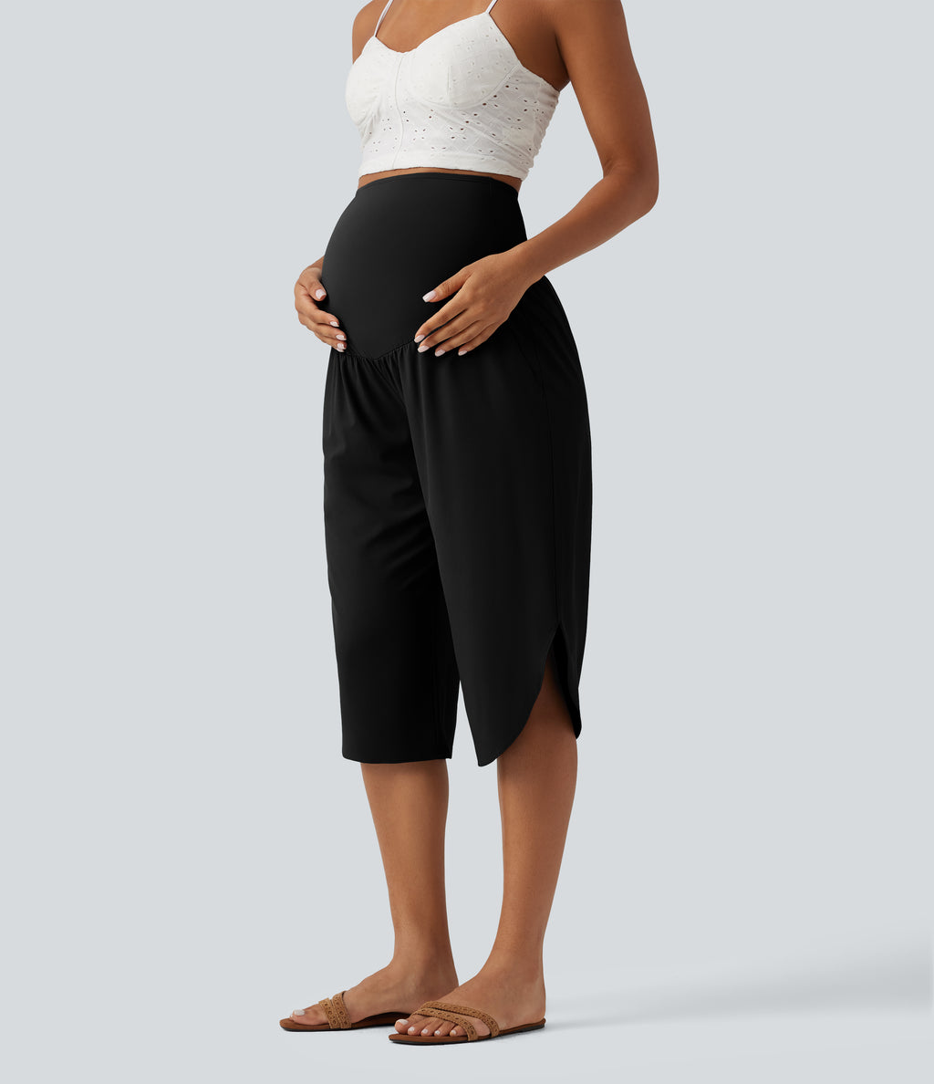 Super High Waisted Curved Hem Quick Dry Capri Maternity Trousers with Pockets — Black — view 6