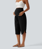 Super High Waisted Curved Hem Quick Dry Capri Maternity Trousers with Pockets — Black — view 6
