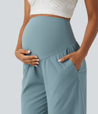 Super High Waisted Curved Hem Quick Dry Capri Maternity Trousers with Pockets — Stone Blue — view 4