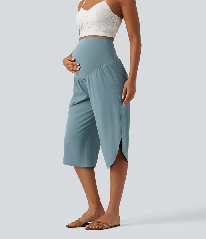 Super High Waisted Curved Hem Quick Dry Capri Maternity Trousers with Pockets — Stone Blue — view 1