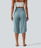 Super High Waisted Curved Hem Quick Dry Capri Maternity Trousers with Pockets — Stone Blue — view 2