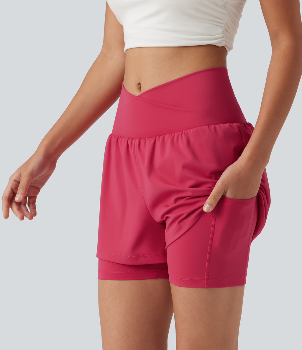 Airy High Waisted Crossover 2-in-1 InstantCool Yoga Shorts 5'' with Pockets — Winterberry — view 6