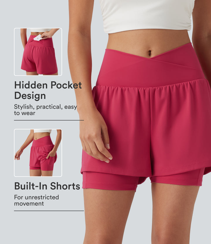 Airy High Waisted Crossover 2-in-1 InstantCool Yoga Shorts 5'' with Pockets — Winterberry — view 1