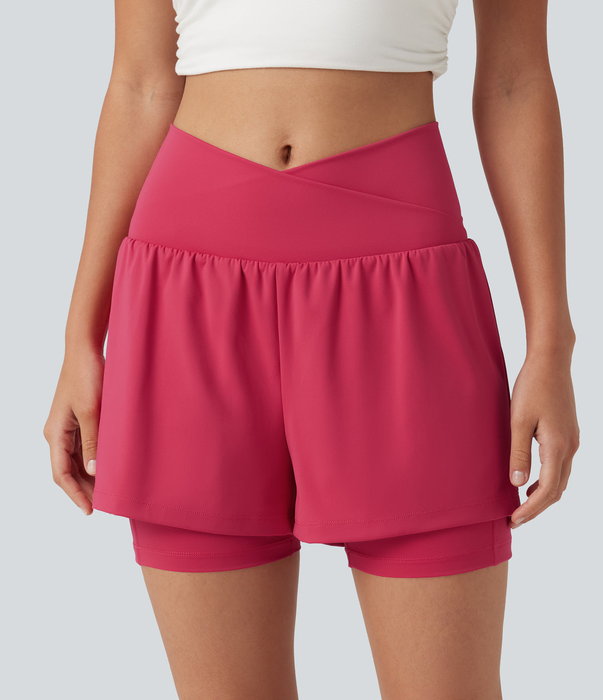 Airy High Waisted Crossover 2-in-1 InstantCool Yoga Shorts 5'' with Pockets — Winterberry — view 4