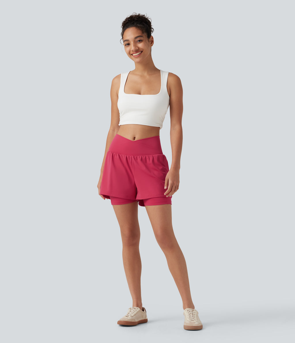 Airy High Waisted Crossover 2-in-1 InstantCool Yoga Shorts 5'' with Pockets — Winterberry — view 8
