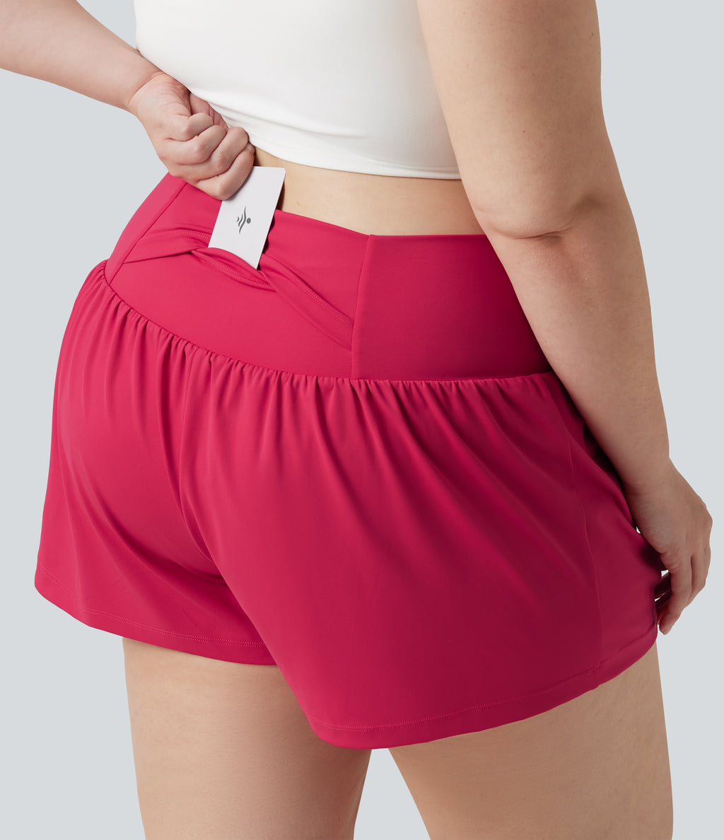 Airy Crossover High Waisted 2-in-1 InstantCool Yoga Plus Size Shorts 3'' with Pockets — Winterberry — view 5
