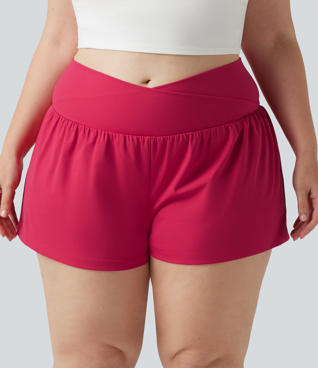 Airy Crossover High Waisted 2-in-1 InstantCool Yoga Plus Size Shorts 3'' with Pockets — Winterberry — view 4