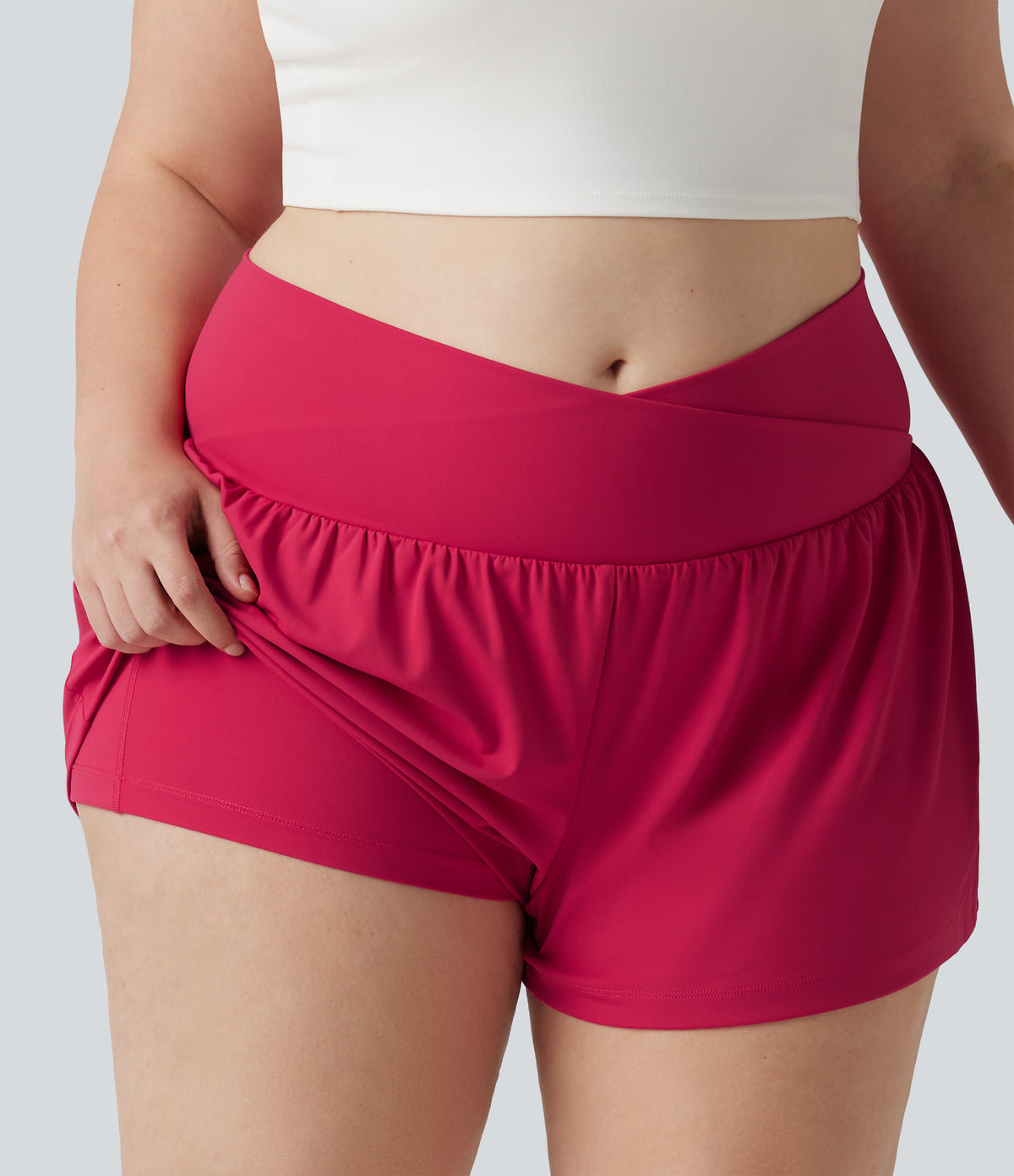 Airy Crossover High Waisted 2-in-1 InstantCool Yoga Plus Size Shorts 3'' with Pockets — Winterberry — view 6
