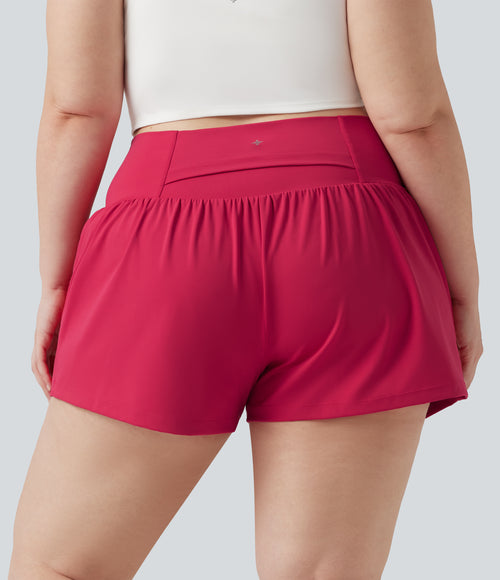 Airy Crossover High Waisted 2-in-1 InstantCool Yoga Plus Size Shorts 3'' with Pockets — Winterberry — view 2
