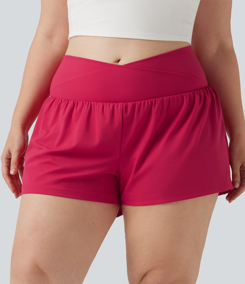 Airy Crossover High Waisted 2-in-1 InstantCool Yoga Plus Size Shorts 3'' with Pockets — Winterberry — view 1
