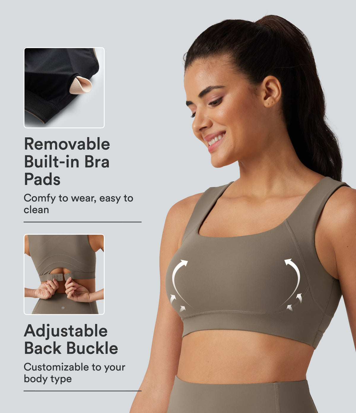 Medium Support U Neck Built-in Bra Push-Up Training Sports Bra — Dawn Brown — view 1