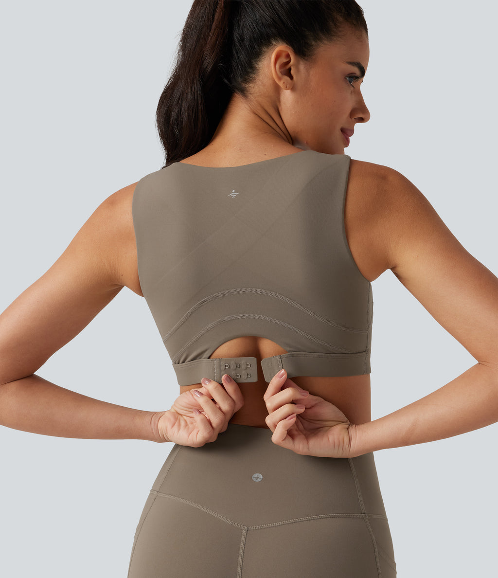 Medium Support U Neck Built-in Bra Push-Up Training Sports Bra — Dawn Brown — view 6