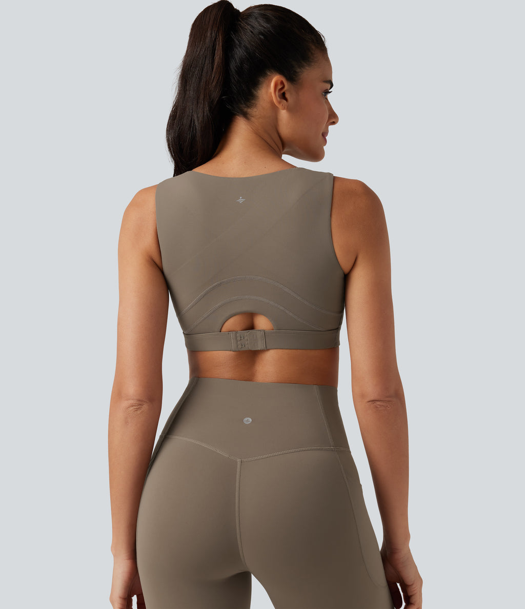 Medium Support U Neck Built-in Bra Push-Up Training Sports Bra — Dawn Brown — view 5