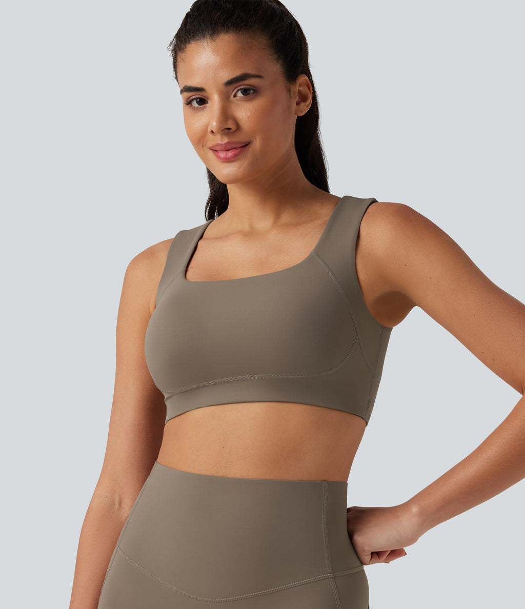 Medium Support U Neck Built-in Bra Push-Up Training Sports Bra — Dawn Brown — view 4