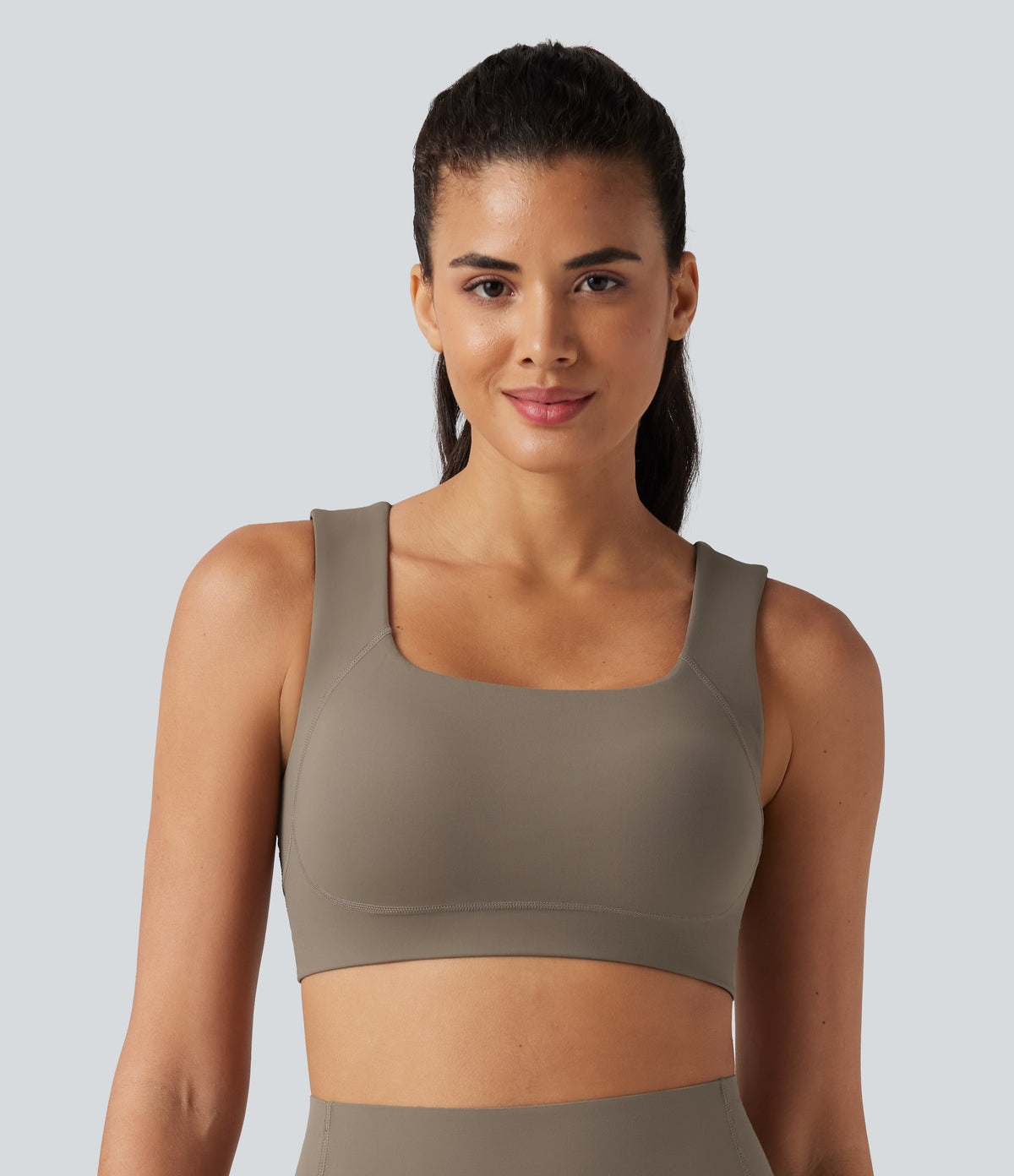 Medium Support U Neck Built-in Bra Push-Up Training Sports Bra — Dawn Brown — view 3