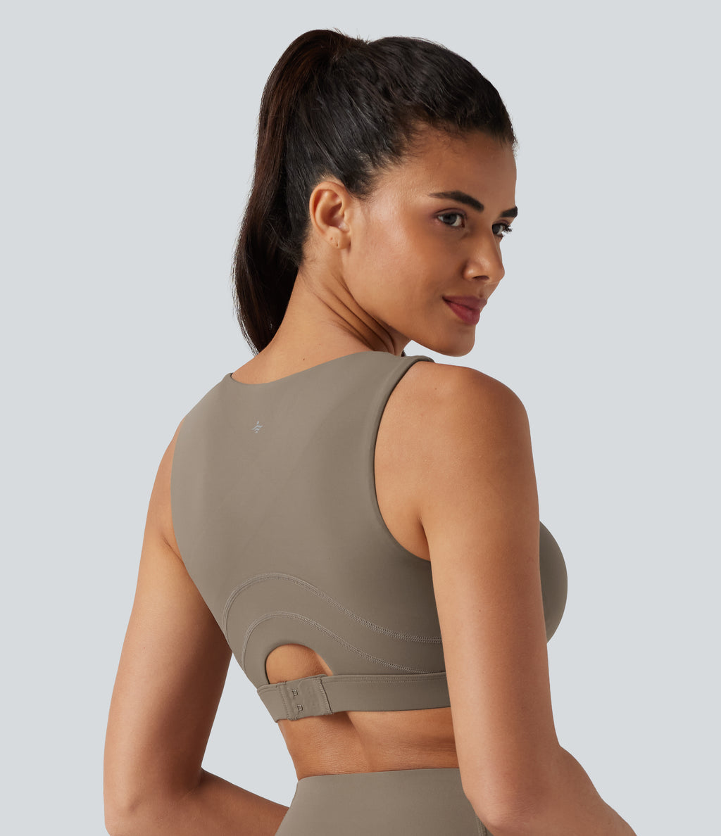 Medium Support U Neck Built-in Bra Push-Up Training Sports Bra — Dawn Brown — view 2