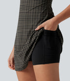 Plaid Print Built-in Bra 2-in-1 Mini Dance Active Dress with Pockets-Edition — Sandstone Check Plaid — view 6