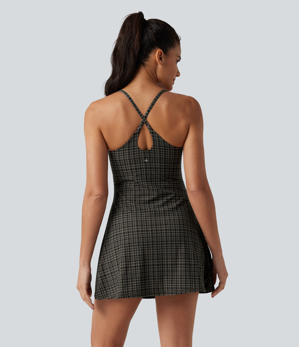 Plaid Print Built-in Bra 2-in-1 Mini Dance Active Dress with Pockets-Edition — Sandstone Check Plaid — view 2
