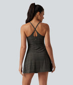 Plaid Print Built-in Bra 2-in-1 Mini Dance Active Dress with Pockets-Edition — Sandstone Check Plaid — view 2